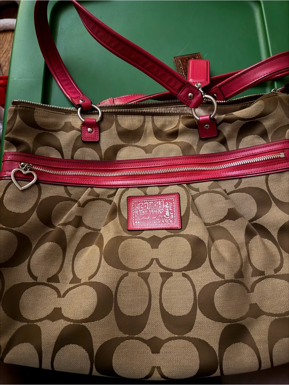 Coach Tan Signature Canvas Tote with Hot Pink Trim